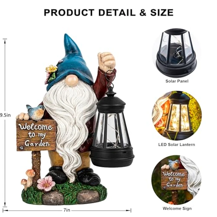 ZQQLITE Garden Gnome Statues Figurine Lights - Solar Powered Lighting Outdoor Decorations with Lantern & Welcome Sign, Yard Art Lawn Ornaments for Porch Patio Balcony - Gnome Gifts for Women Mom by ZQQLITE - Image 7