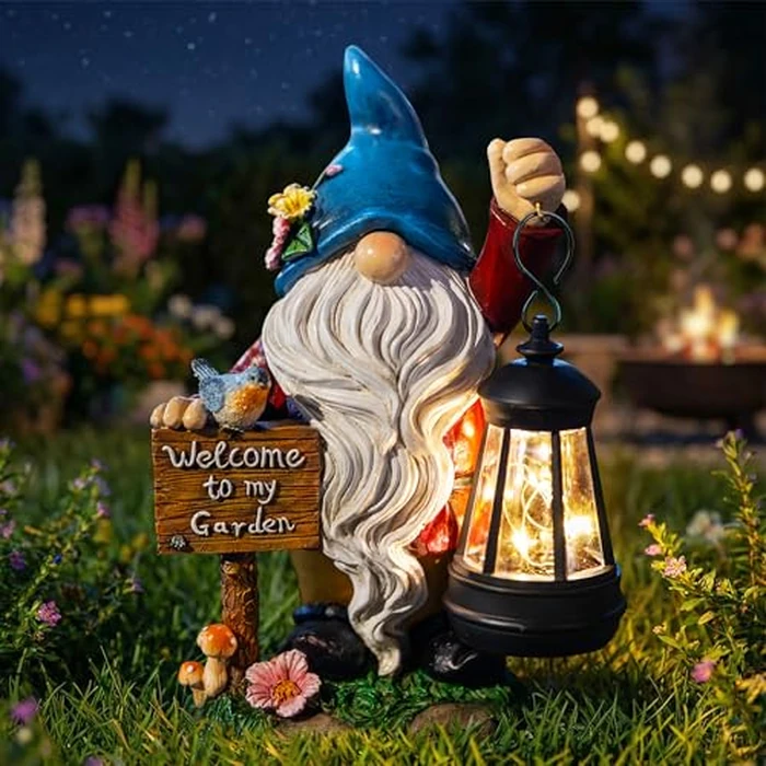 ZQQLITE Garden Gnome Statues Figurine Lights - Solar Powered Lighting Outdoor Decorations with Lantern & Welcome Sign, Yard Art Lawn Ornaments for Porch Patio Balcony - Gnome Gifts for Women Mom by ZQQLITE - Image 8