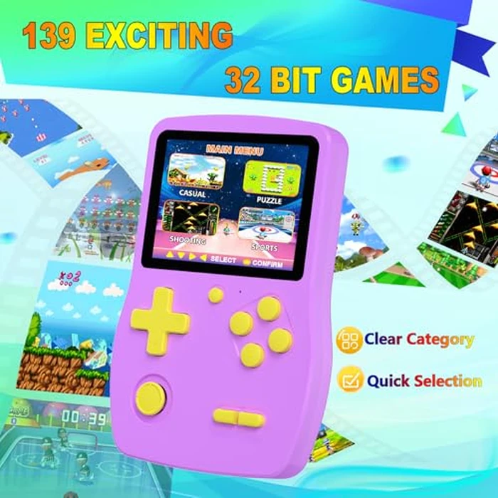 32 Bit Handheld Games for Kids Preloaded 139 Video Games, Portable Video Gaming Player with 3.0" IPS Screen and Rechargeable Battery, Mini Travel Games Electronic Gifts Toys for Boys Girls, Purple by Douddy - Image 2