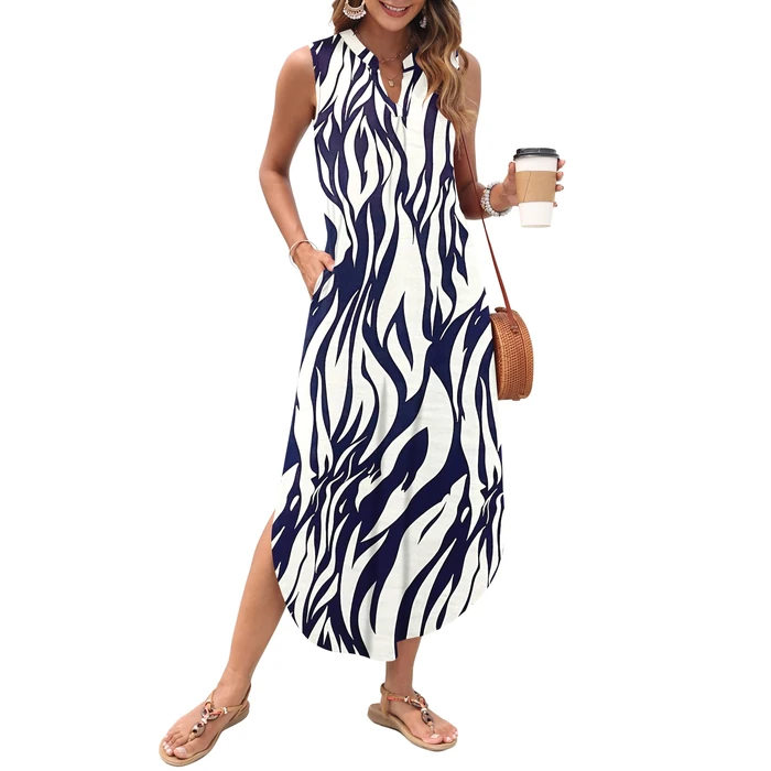 AUSELILY Long Sundresses for Women 2026 Casual Maxi Dresses Sleeveless Beach Dresses V Neck Loose Sundresses with Side Split Pockets Leaf Navy White XL by AUSELILY - Used - Like New condition - US$21.08