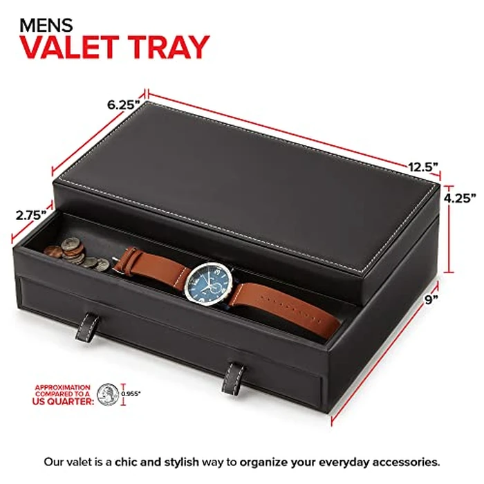 Stock Your Home Mens Valet Tray, Men's Jewelry Box, Night Stand Organizers and Storage, Bedside Table Organizer, Watch Box for Dresser, Faux Leather (Black & Gray) by Stock Your Home - Image 2
