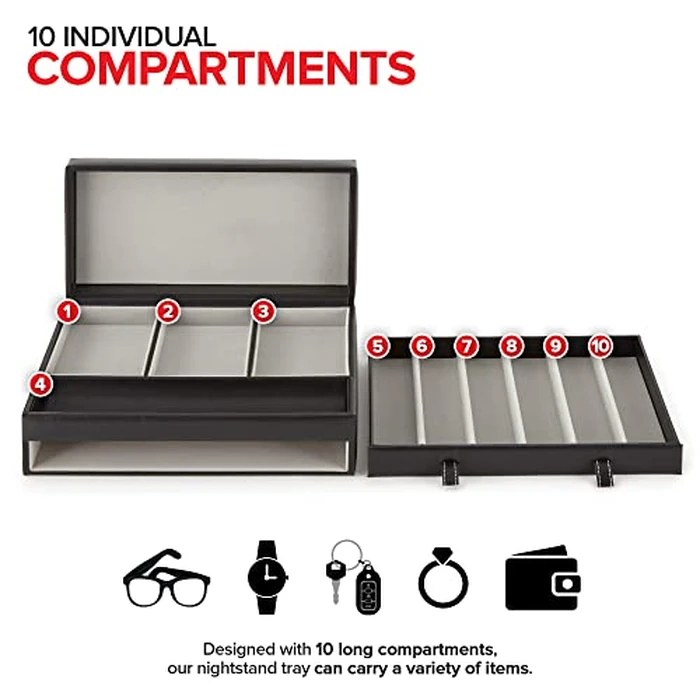 Stock Your Home Mens Valet Tray, Men's Jewelry Box, Night Stand Organizers and Storage, Bedside Table Organizer, Watch Box for Dresser, Faux Leather (Black & Gray) by Stock Your Home - Image 3