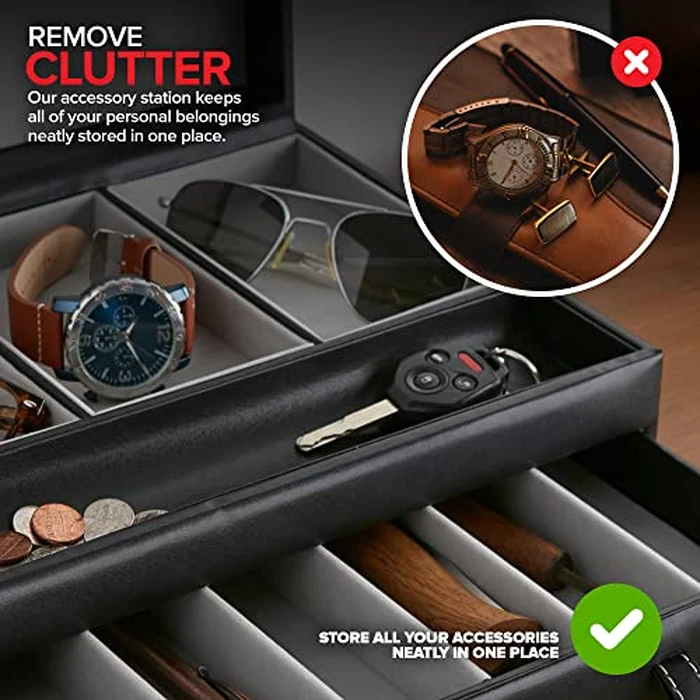 Stock Your Home Mens Valet Tray, Men's Jewelry Box, Night Stand Organizers and Storage, Bedside Table Organizer, Watch Box for Dresser, Faux Leather (Black & Gray) by Stock Your Home - Image 5