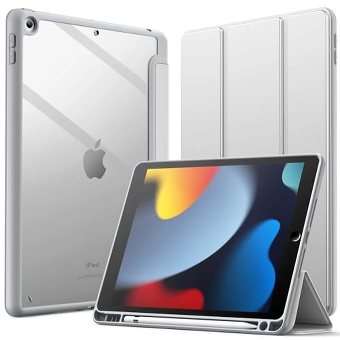 JETech Case for iPad 10.2-Inch (9th/8th/7th Generation, 2021/2020/2019) with Pencil Holder, Clear Transparent Back Shell Slim Stand Shockproof Tablet Cover, Auto Wake/Sleep (Silver) by JETech - Image 1