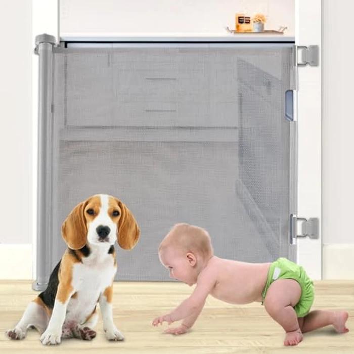 DLux Retractable Baby Gate - 83 x 139 cm Durable Mesh Extra Wide Baby Gate for Your Child, Kid and Pet's Safety - Easy Install Dog Gate for Stairs, Doorways, Hallways, Indoor & Outdoor Walls (Grey) by DLux - Image 1