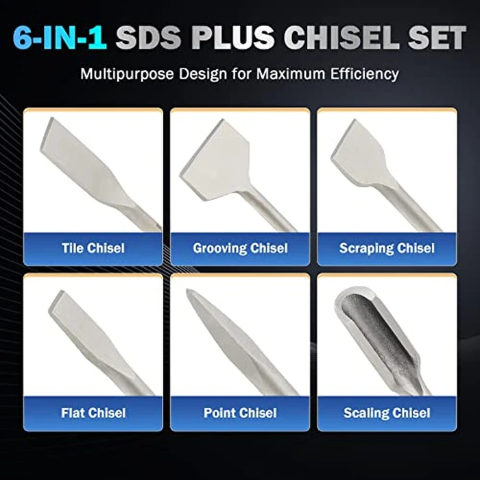 ZELCAN Chisel Set with SDS Plus Shanks, 6pc Masonry Concrete Drill Bit Set, Tile Grooving Scraping Flat Point Scaling Chisels 40Cr Steel Rotary Hammer Drill Tool Kit SDS Plus Bits for Home Improvement by ZELCAN - Image 3