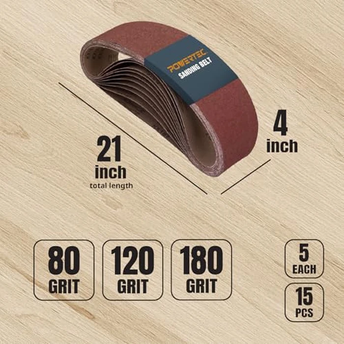 POWERTEC 15PK 4 x 21 Inch Sanding Belts for Belt Sander, 5 Each of 80, 120, 150 Grits, Aluminum Oxide Belt Sander Paper Assortment for Wood & Paint Sanding, Metal Polishing (110011) by POWERTEC - Image 2