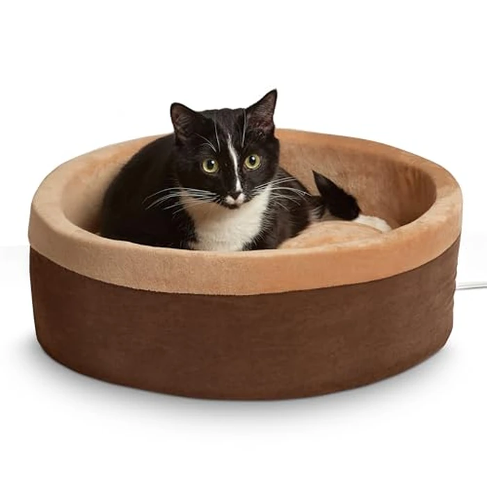 K&H Pet Products Thermo-Kitty Bed Heated Cat Beds for Large Indoor Cats & Dogs, Calming Warming Pillow Pet Bed, Machine Washable, Removable Heater, Safety Listed - Large 20" Round Mocha/Tan by K&H - Used - Like New condition