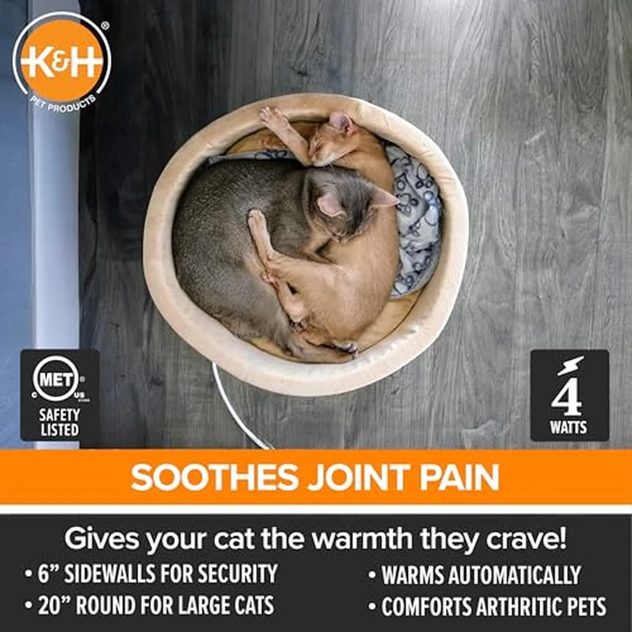 K&H Pet Products Thermo-Kitty Bed Heated Cat Beds for Large Indoor Cats & Dogs, Calming Warming Pillow Pet Bed, Machine Washable, Removable Heater, Safety Listed - Large 20" Round Mocha/Tan by K&H - Image 3