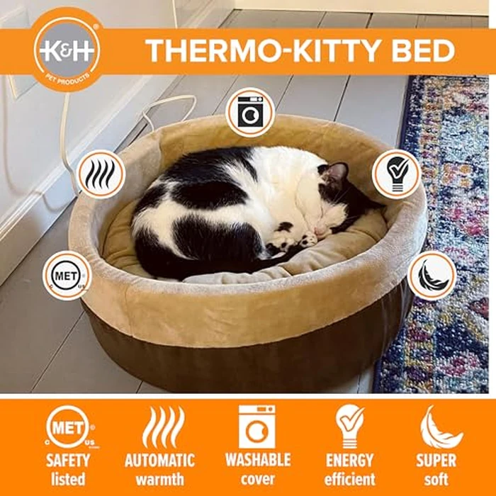 K&H Pet Products Thermo-Kitty Bed Heated Cat Beds for Large Indoor Cats & Dogs, Calming Warming Pillow Pet Bed, Machine Washable, Removable Heater, Safety Listed - Large 20" Round Mocha/Tan by K&H - Image 5