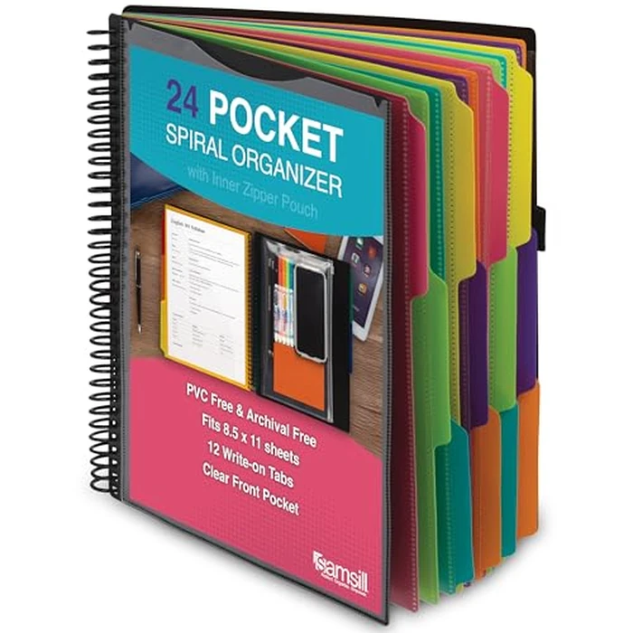 Samsill 24 Pocket Poly Project Organizer with 12 Dividers,File Folders Letter Size,Customizable Front Cover,Inner Zipper Pouch, Erasable Write-On Tabs in Fashion Colors, Plastic Folders with Pockets by Samsill - Image 1