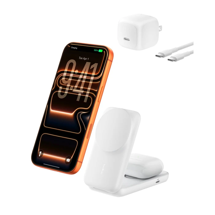 Belkin MagSafe Charger Compatible, 2-in-1 Qi2 Wireless Charging Station 25W, Convertible Wireless Charger for iPhone 17, AirPods, Portable Phone Stand for Travel w/USB-C Port, 45W Adapter - White by Belkin - Image 1