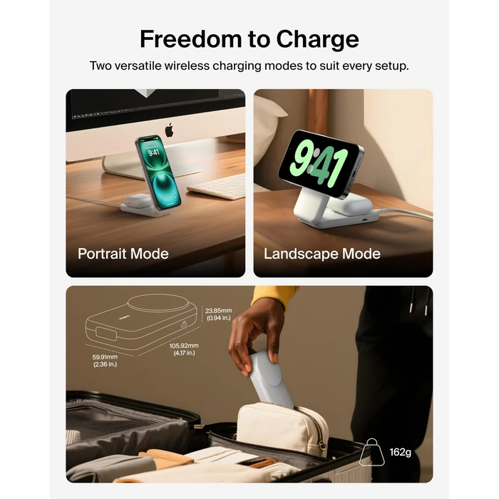 Belkin MagSafe Charger Compatible, 2-in-1 Qi2 Wireless Charging Station 25W, Convertible Wireless Charger for iPhone 17, AirPods, Portable Phone Stand for Travel w/USB-C Port, 45W Adapter - White by Belkin - Image 5