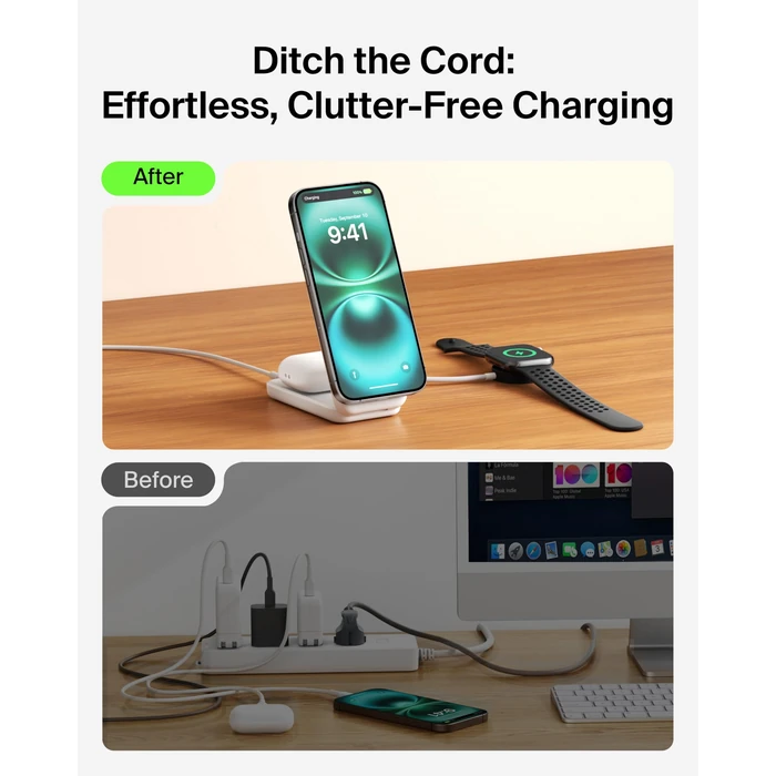 Belkin MagSafe Charger Compatible, 2-in-1 Qi2 Wireless Charging Station 25W, Convertible Wireless Charger for iPhone 17, AirPods, Portable Phone Stand for Travel w/USB-C Port, 45W Adapter - White by Belkin - Image 6