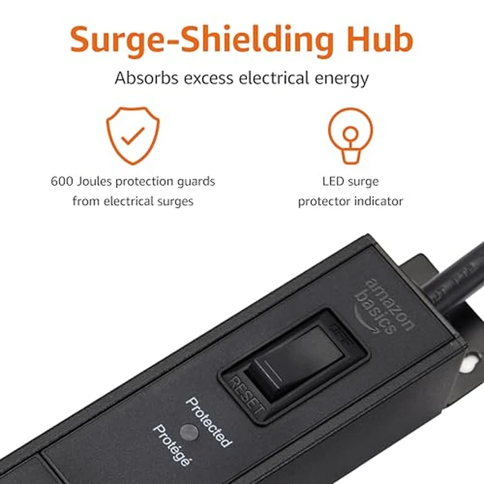 Amazon Basics Surge Protector Power Strip, 16 Outlet, Heavy Duty, Metal, 600 Joules, 1.8 m Extension Cord, Mountable, Rectangle, Black by Amazon Basics - Image 4