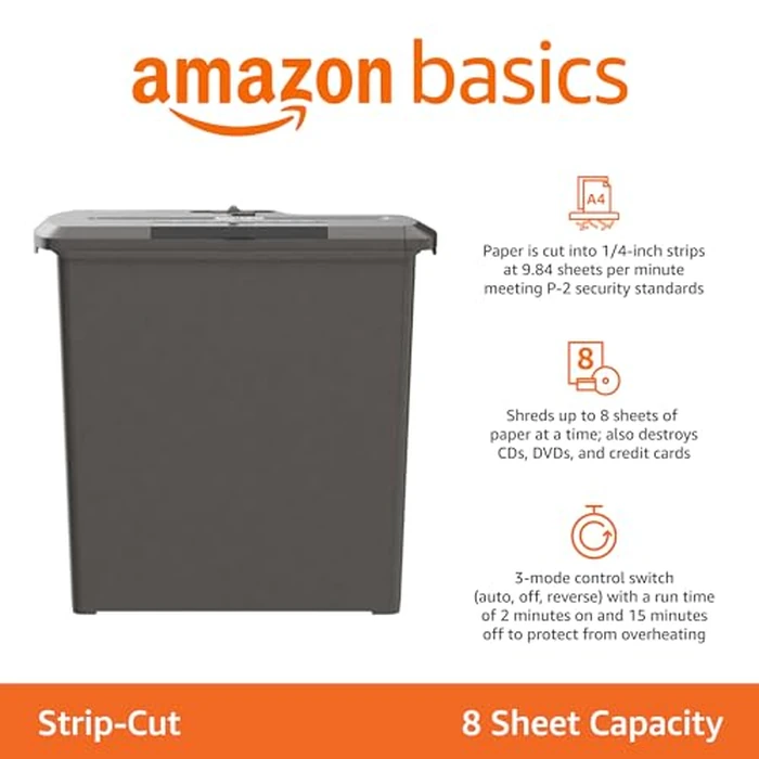 Amazon Basics Paper Shredder for Home and Office, 8-Sheet Strip Cut, CD/ Credit Card Shredder, 3.4 Gallon Wastebasket , Black by Amazon Basics - Image 2