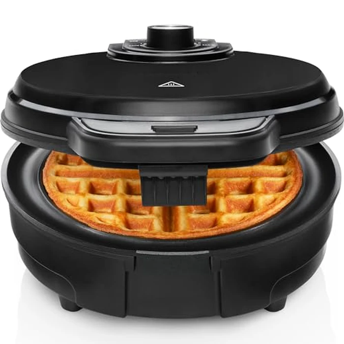 Chefman Anti-Overflow Belgian Waffle Maker w/ Shade Selector, Temperature Control, Mess Free Moat, Round Iron w/ Nonstick Plates & Cool Touch Handle, Measuring Cup Included, Black by Chefman - Used - Acceptable condition