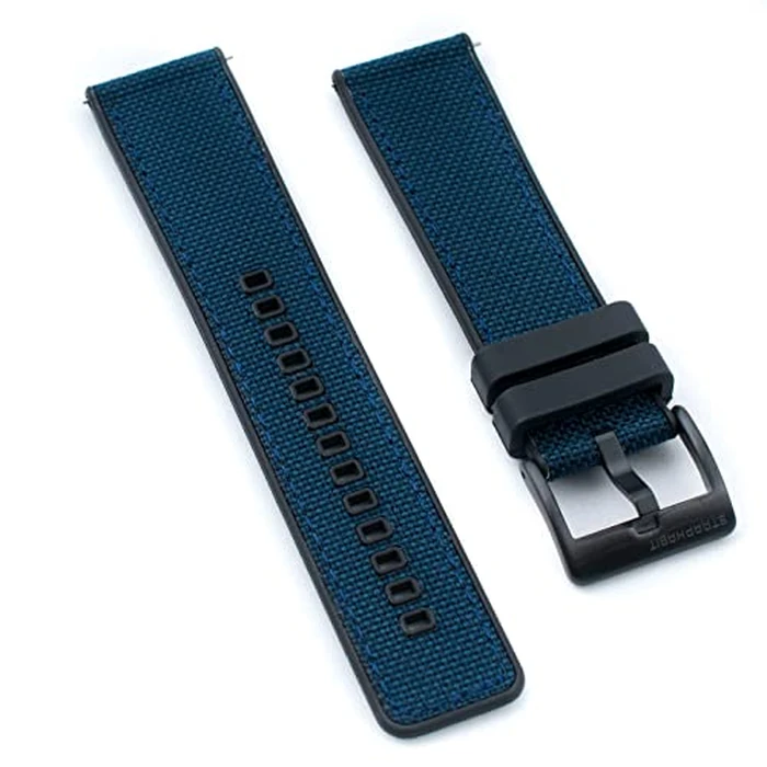 StrapHabit Quick Release Sailcloth and FKM Rubber Hybrid Watch Strap Band 20mm 22mm Nylon (22mm, Blue w/Black Buckle) by StrapHabit - Used - Very Good condition