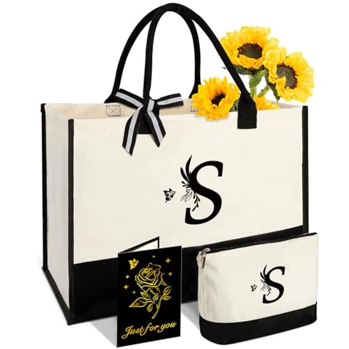 Personalized Gifts for Women - Initial Canvas Tote Bag with Makeup Bag, Custom Bags for Christmas, Beach, Birthday, Holiday, Wedding, Monogram Birthday Gifts for Mom, Women, Friends, Wife, Teacher - S by Vanqruo - Image 1