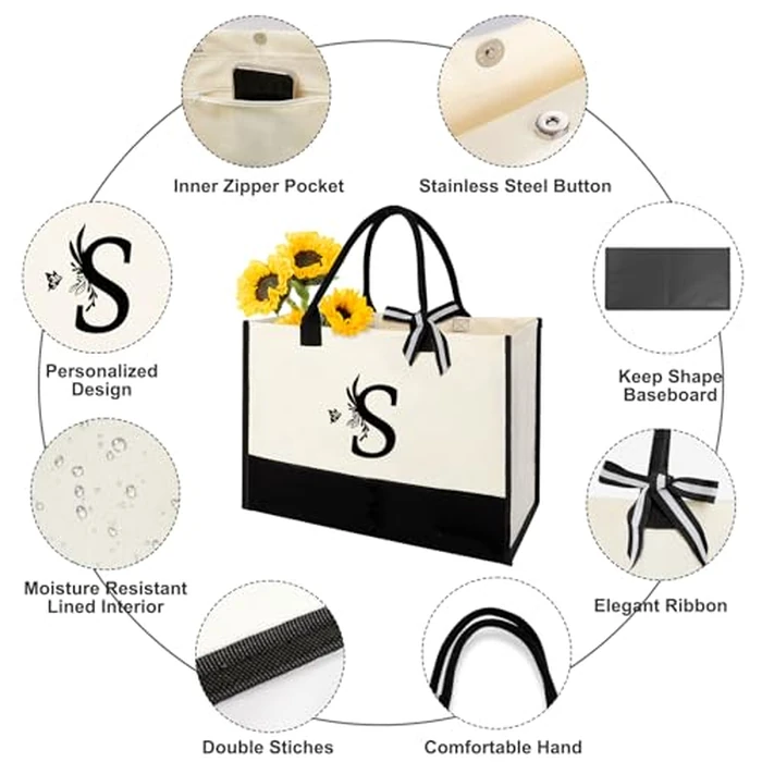 Personalized Gifts for Women - Initial Canvas Tote Bag with Makeup Bag, Custom Bags for Christmas, Beach, Birthday, Holiday, Wedding, Monogram Birthday Gifts for Mom, Women, Friends, Wife, Teacher - S by Vanqruo - Image 3