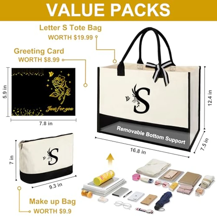 Personalized Gifts for Women - Initial Canvas Tote Bag with Makeup Bag, Custom Bags for Christmas, Beach, Birthday, Holiday, Wedding, Monogram Birthday Gifts for Mom, Women, Friends, Wife, Teacher - S by Vanqruo - Image 5