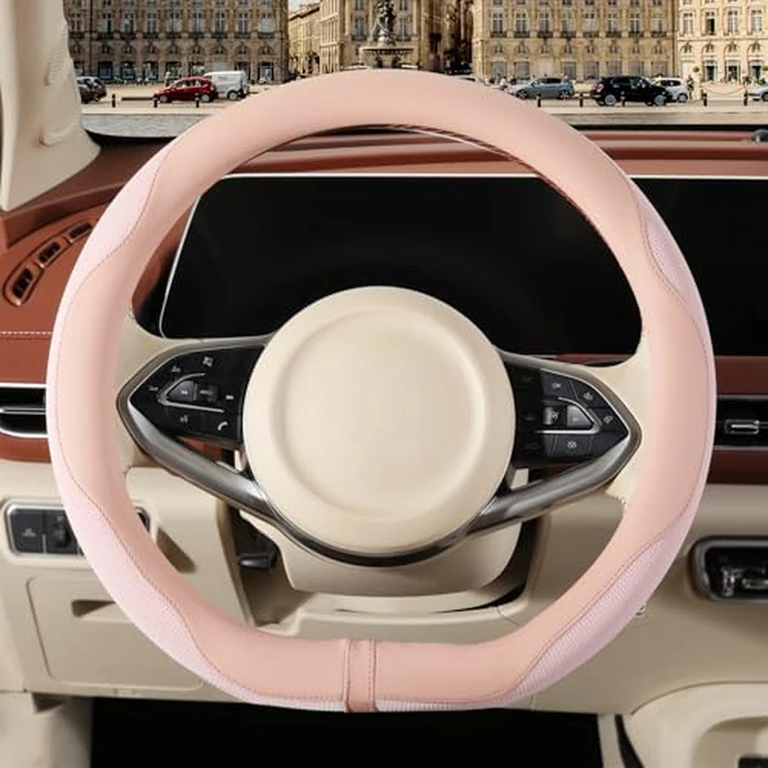 Binsheo Nappa Leather Pink D Shape Steering Wheel Cover, Advanced Microfiber Leather Non-Slip Breathable Fabric, Warm in Winter and Cool in Summer, Universal 15 inch by Binsheo - Image 1