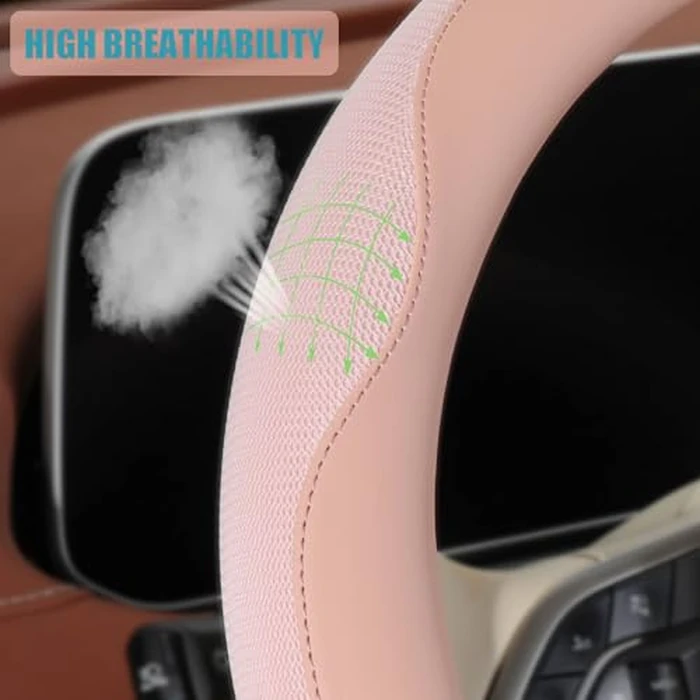 Binsheo Nappa Leather Pink D Shape Steering Wheel Cover, Advanced Microfiber Leather Non-Slip Breathable Fabric, Warm in Winter and Cool in Summer, Universal 15 inch by Binsheo - Image 3