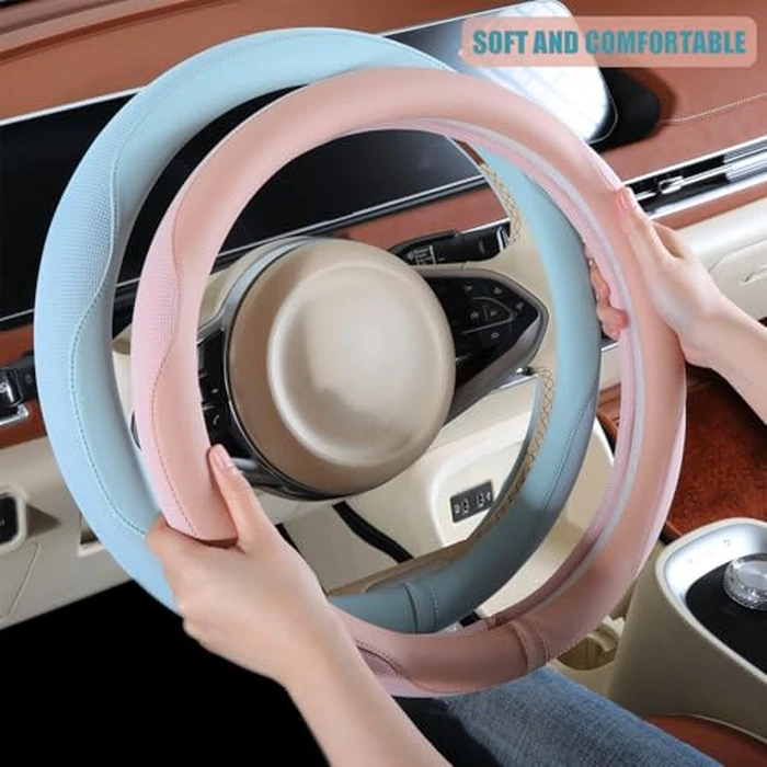 Binsheo Nappa Leather Pink D Shape Steering Wheel Cover, Advanced Microfiber Leather Non-Slip Breathable Fabric, Warm in Winter and Cool in Summer, Universal 15 inch by Binsheo - Image 4