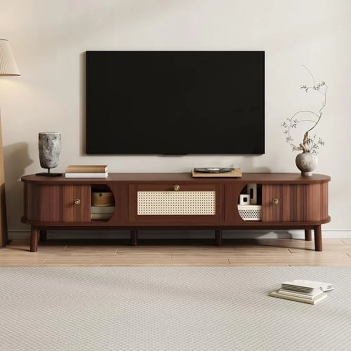 TV Cabinet with Bamboo Slat Doors and Rattan Drawers, 67" L x 15.5" W x 15" H, Solid Wood Legs, Rustic Walnut and Natural Rattan Storage Stand, Long-Lasting Stylish Media Console for Living Room by Noble House Home Furnishings - Used - Very Good condition