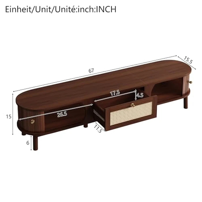 TV Cabinet with Bamboo Slat Doors and Rattan Drawers, 67" L x 15.5" W x 15" H, Solid Wood Legs, Rustic Walnut and Natural Rattan Storage Stand, Long-Lasting Stylish Media Console for Living Room by Noble House Home Furnishings - Image 2