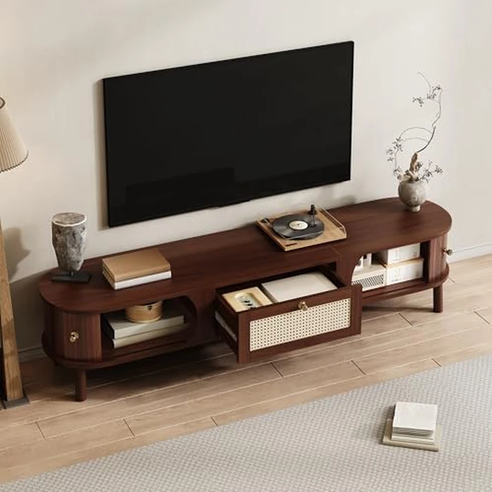 TV Cabinet with Bamboo Slat Doors and Rattan Drawers, 67" L x 15.5" W x 15" H, Solid Wood Legs, Rustic Walnut and Natural Rattan Storage Stand, Long-Lasting Stylish Media Console for Living Room by Noble House Home Furnishings - Image 3