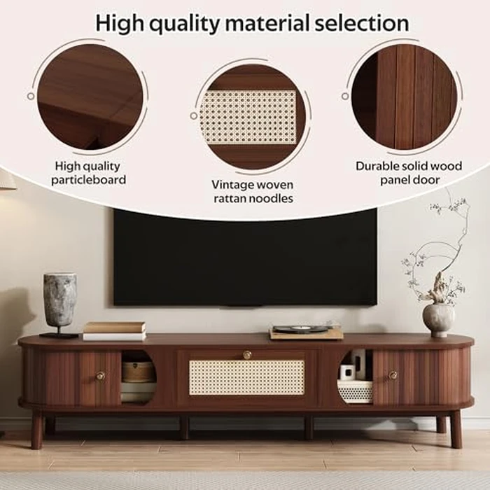 TV Cabinet with Bamboo Slat Doors and Rattan Drawers, 67" L x 15.5" W x 15" H, Solid Wood Legs, Rustic Walnut and Natural Rattan Storage Stand, Long-Lasting Stylish Media Console for Living Room by Noble House Home Furnishings - Image 5