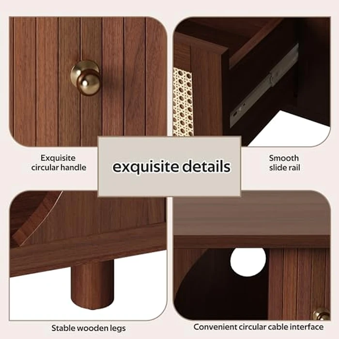TV Cabinet with Bamboo Slat Doors and Rattan Drawers, 67" L x 15.5" W x 15" H, Solid Wood Legs, Rustic Walnut and Natural Rattan Storage Stand, Long-Lasting Stylish Media Console for Living Room by Noble House Home Furnishings - Image 6