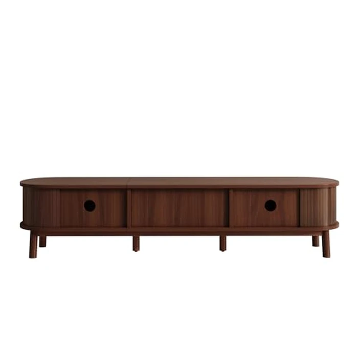 TV Cabinet with Bamboo Slat Doors and Rattan Drawers, 67" L x 15.5" W x 15" H, Solid Wood Legs, Rustic Walnut and Natural Rattan Storage Stand, Long-Lasting Stylish Media Console for Living Room by Noble House Home Furnishings - Image 7