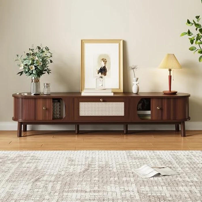 TV Cabinet with Bamboo Slat Doors and Rattan Drawers, 67" L x 15.5" W x 15" H, Solid Wood Legs, Rustic Walnut and Natural Rattan Storage Stand, Long-Lasting Stylish Media Console for Living Room by Noble House Home Furnishings - Image 8