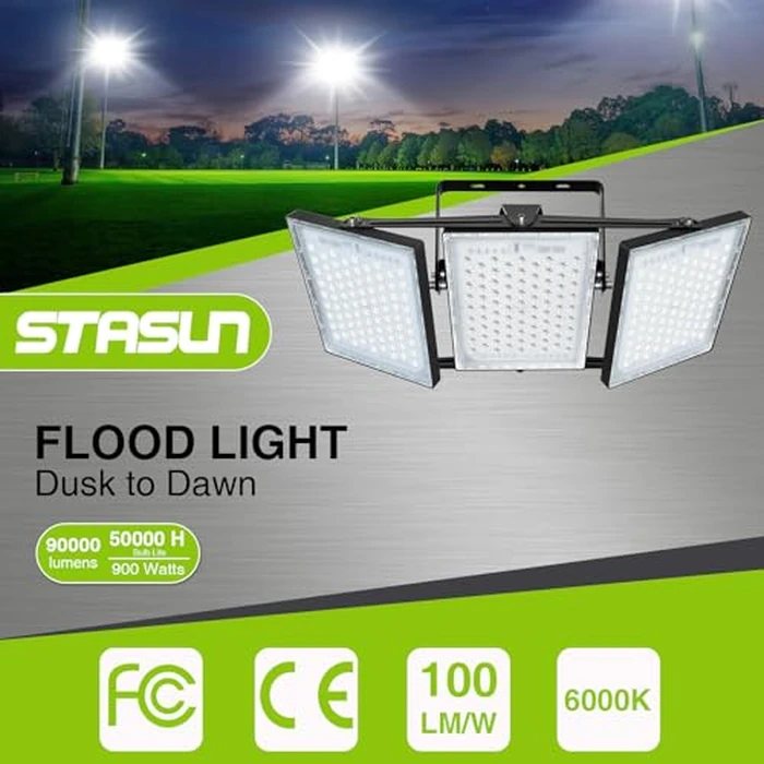 STASUN 900W Dusk to Dawn LED Flood Light, 90000lm 6000K Super Bright Outdoor Lighting, IP66 Waterproof, Floodlight for Backyard, Sport Court, Parking Lot, Stadium, Arena, Commercial by STASUN - Image 2
