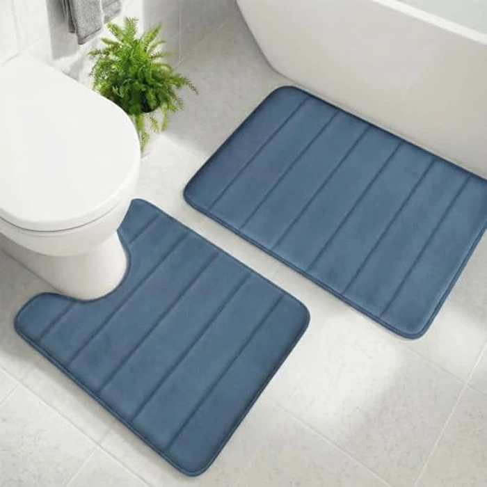 AINAHYVA Memory Foam Bathroom Rugs Sets 2 Piece, Extra Soft Absorbent Quick Dry Bath Mat Set, with U-Shaped Toilet Rug, Machine Washable Non Slip Bath Rugs for Bathroom, Shower and Tub, Medium Blue by AINAHYVA - Image 1