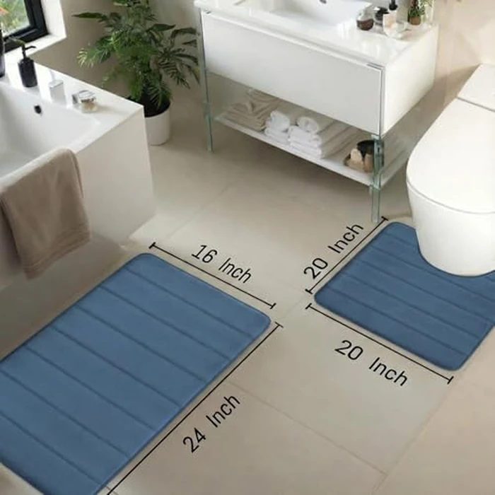 AINAHYVA Memory Foam Bathroom Rugs Sets 2 Piece, Extra Soft Absorbent Quick Dry Bath Mat Set, with U-Shaped Toilet Rug, Machine Washable Non Slip Bath Rugs for Bathroom, Shower and Tub, Medium Blue by AINAHYVA - Image 2