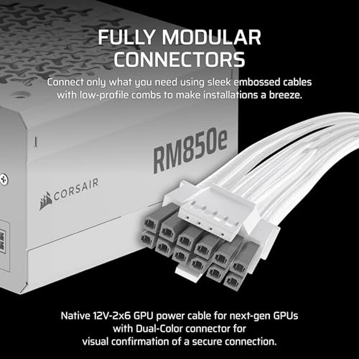 CORSAIR RM850e (2025) Fully Modular Low-Noise ATX Power Supply with 12V-2x6 Cable - ATX 3.1 & PCIe 5.1 Compliant, Cybenetics Gold Efficiency, 105 degreesC-Rated Capacitors, Modern Standby Mode - White by Corsair - Image 4