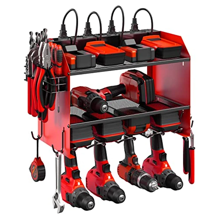 CCCEI Modular Power Tool Organizer Wall Mount with Charging Station. Garage Drill Storage Shelf with Hooks, Heavy Duty Rack, Tool Battery Holder Built in 8 Outlet. Gift for Men. Red, 1 Pack. by CCCEI - Used - Like New condition - US$51.51