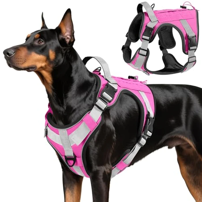 VavoPaw Heavy Duty Tactical Dog Harness for Large Dogs, No Pull Adjustable Pet Harness Reflective Service Training Easy Control Pet Vest Military K9 Working Dog Harnesses, Pink, L by VavoPaw - Used - Acceptable condition - CA$16.09