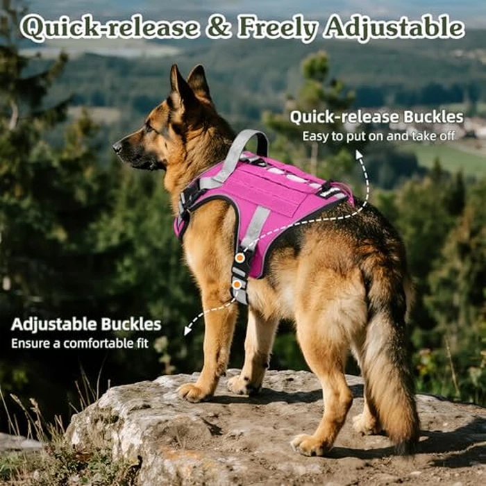 VavoPaw Heavy Duty Tactical Dog Harness for Large Dogs, No Pull Adjustable Pet Harness Reflective Service Training Easy Control Pet Vest Military K9 Working Dog Harnesses, Pink, L by VavoPaw - Image 4