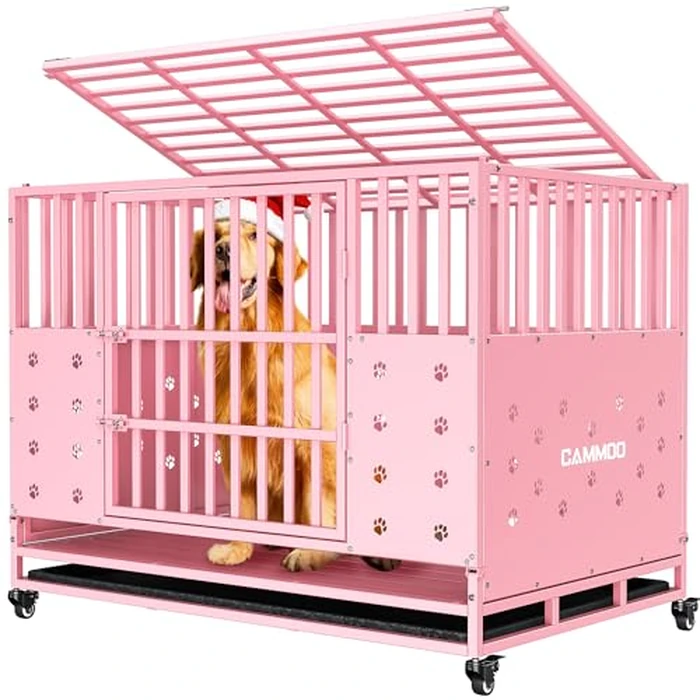 Cammoo 48'' Heavy Duty Dog Crate for Large Dogs, - Upgraded Chew-Proof Panels, Comfort-Widened Floor Panel, Dog Kennel Indoor, Adjustable Internal Height, Easy-Access Wide Door, 4 Lockable Wheels by CAMMOO - Used - Very Good condition