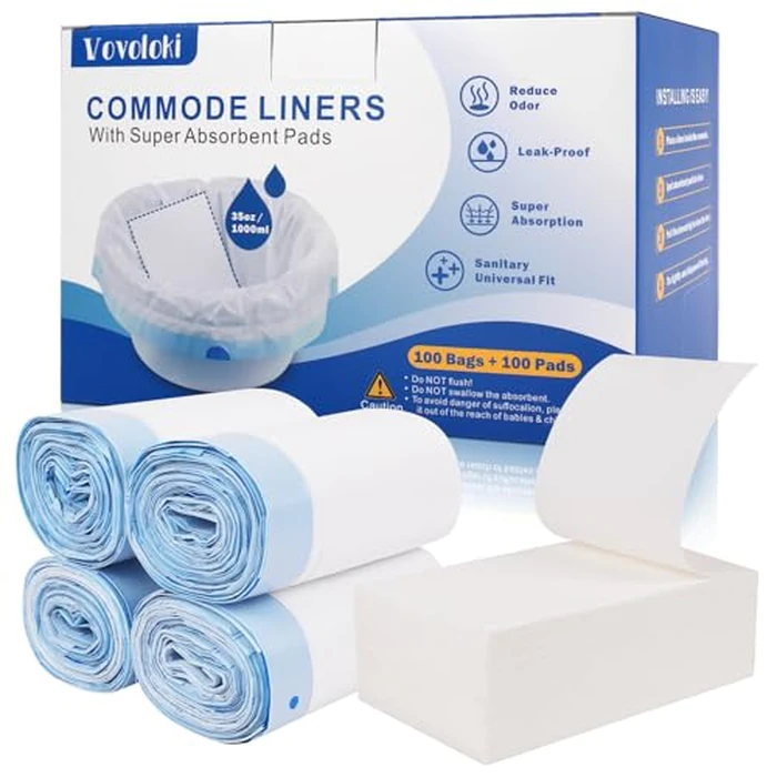 Commode Liners with Absorbent Pads for Bedside Commode, 100 Commode Bags+100 Commode Pads, Portable Toilet Bags Leak-Proof Disposable Potty Bags for Bedside Commode Bucket by Vovoloki - Used - Like New condition - US$20.42