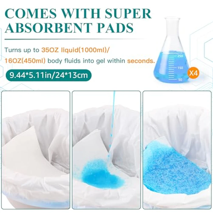 Commode Liners with Absorbent Pads for Bedside Commode, 100 Commode Bags+100 Commode Pads, Portable Toilet Bags Leak-Proof Disposable Potty Bags for Bedside Commode Bucket by Vovoloki - Image 3