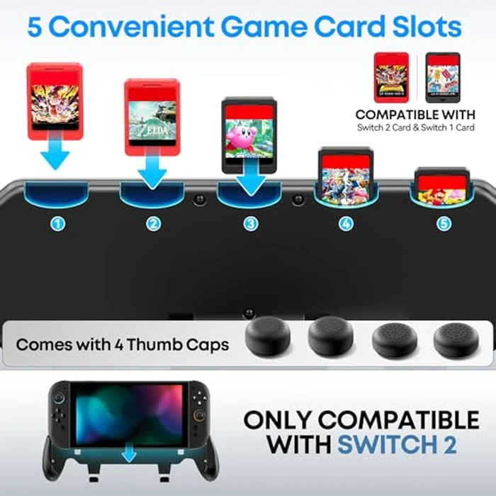 Grip Compatible with Nintendo Switch 2, Switch 2 Ergonomic Grip Case with Adjustable Stand, Comfort Game Accessories with 5 Game Card Slots and 4 Thumb Caps by OIVO - Image 5