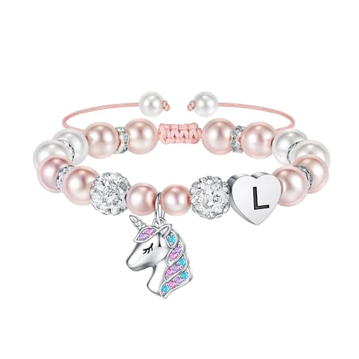 Hidepoo Unicorn Bracelet Gifts - Pink Pearl and Rhinestone Balls Heart Initial L Unicorn Bracelets Rainbow CZ Letter Unicorn Jewelry Birthday Gift by Hidepoo - Used - Like New condition - US$26.59