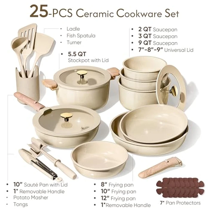 CAROTE 25PCS Ceramic Cookware Set, Pots and Pans set Non Stick, RV Kitchen Cooking Set Removable Handles, Oven Safe, Induction Cookware, Non-toxic Kitchen Cooking Set, PFAS and PFOA Free by CAROTE - Image 2