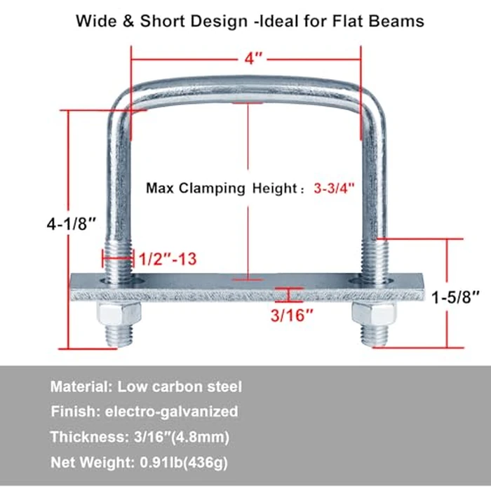 YIDU69Q 4 Pcs 4 Inch Wide Square U-Bolt for Trailer, 1/2" x 4" x 4-1/8", Electro-Galvanized Steel by YIDU69Q - Image 2