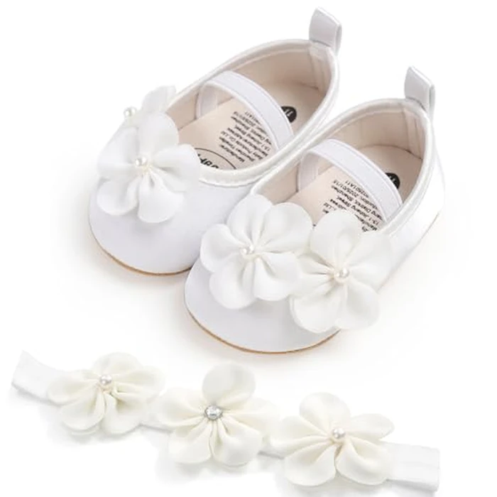 Baby Girls Mary Jane Flats with Flowers Headbands, Non Slip Soft Sole Newborn Infant Toddler Floral Wedding Dress Shoes by GDSDYM - Image 1